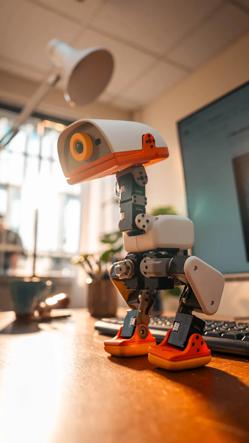 Microduck 双足机器人站在桌面上